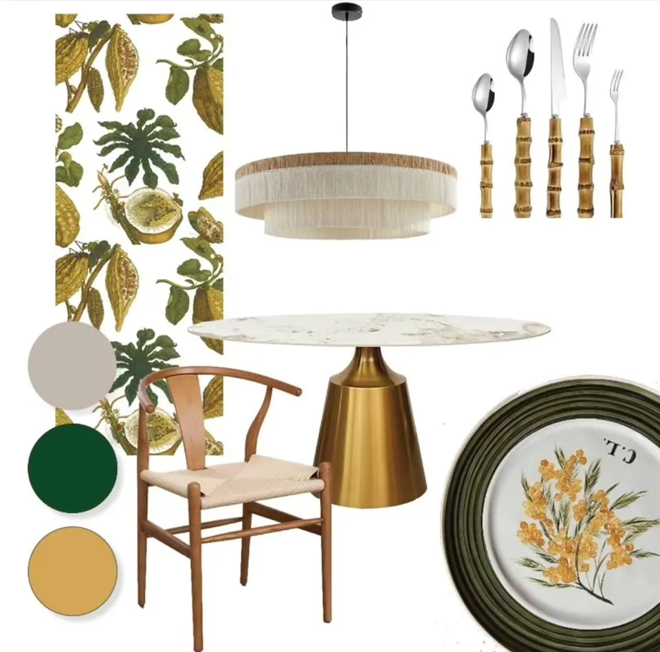 Moodboard de comedor con papel pintado botánico, lámpara de fibras y paleta en verde y mostaza