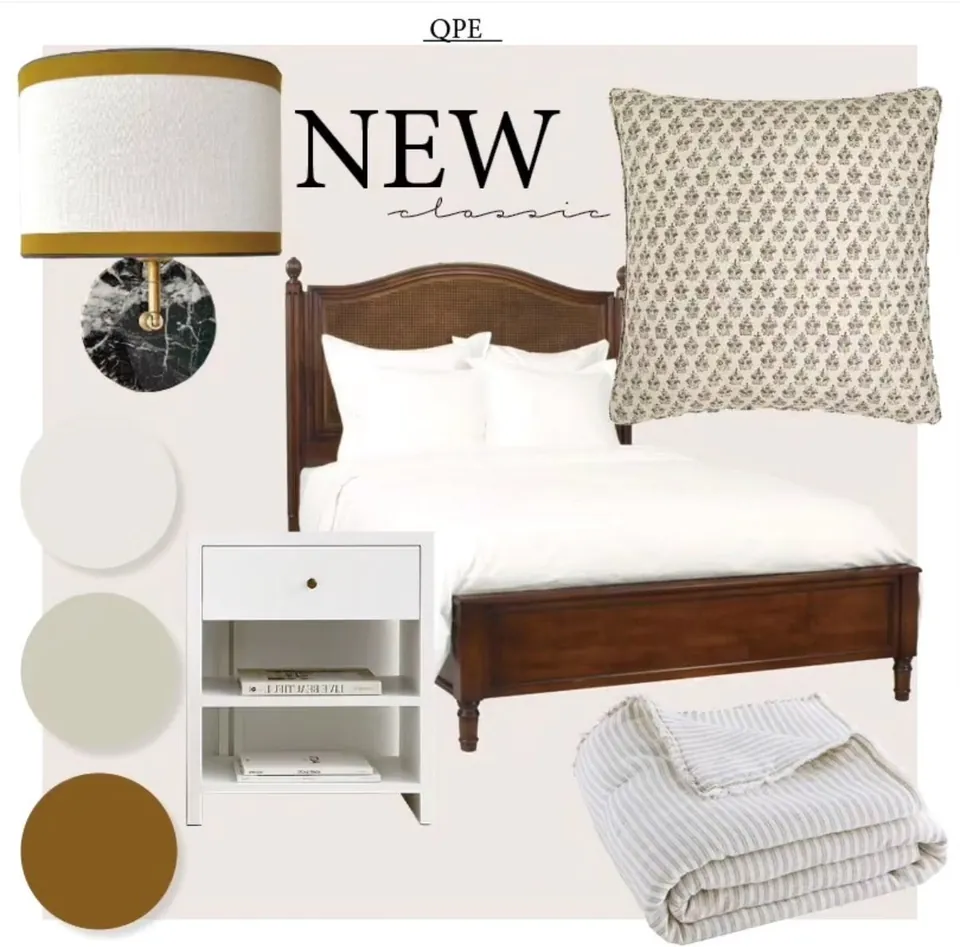 Moodboard de dormitorio de estilo new classic con cama de madera y paleta neutra