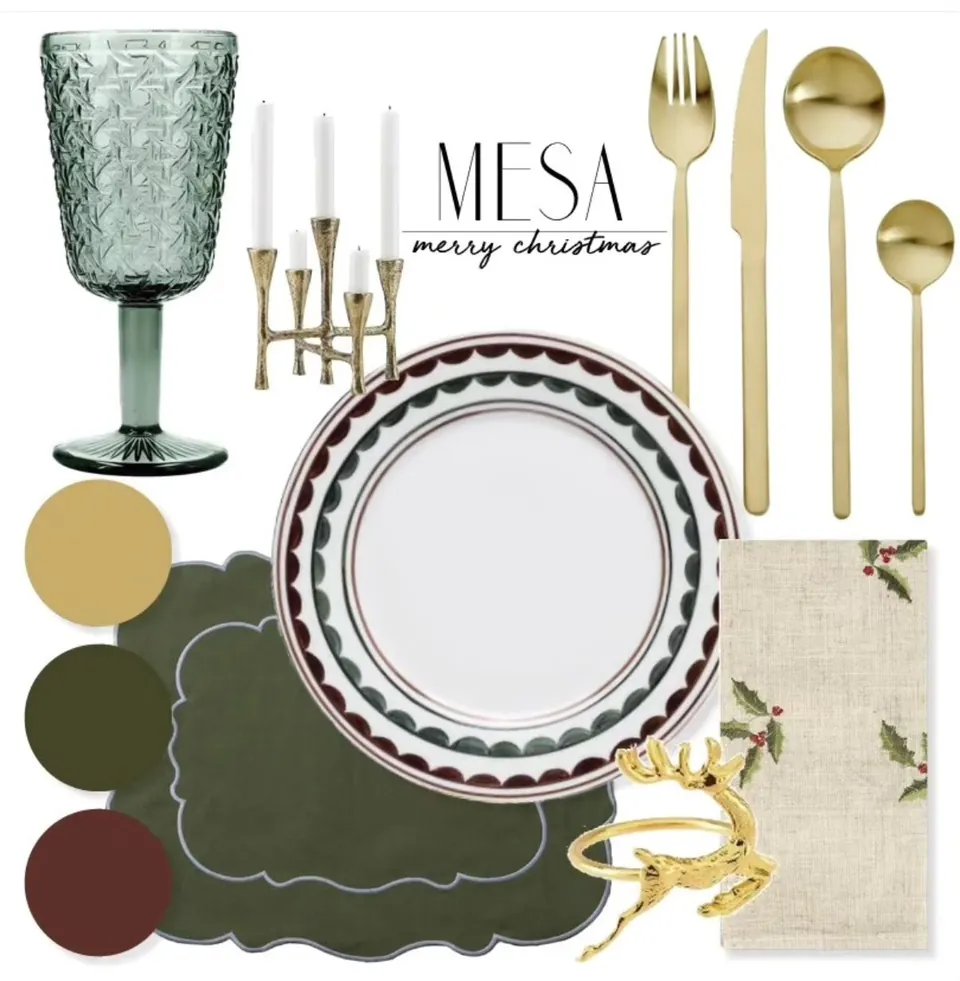 Moodboard de mesa de Navidad con vajilla, cristalería verde y cubertería dorada