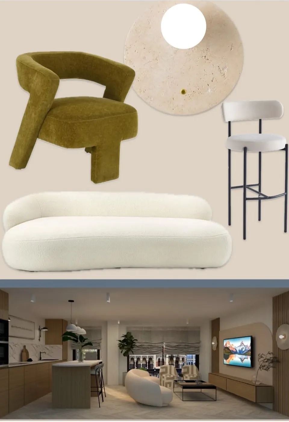 Moodboard de salón con butaca verde y sofá curvo junto al render 3D del espacio