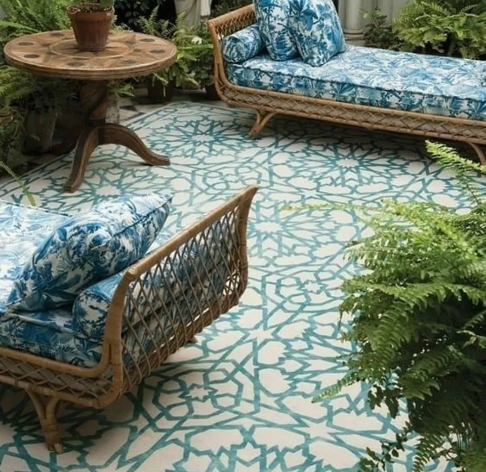 Patio con chaise longue de ratán, tapicería azul y alfombra geométrica