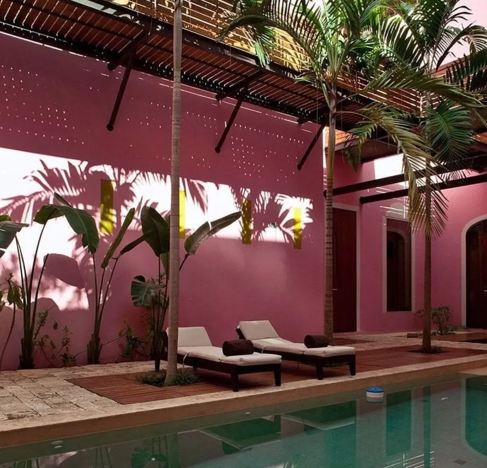 Patio con piscina, pérgola de madera y vegetación tropical