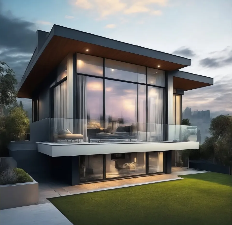 Render 3D exterior de vivienda moderna con grandes ventanales y voladizo